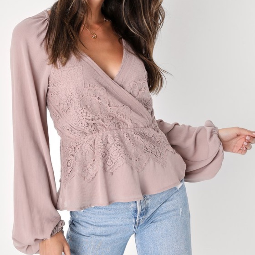 Lulus Loving Arms Taupe Lace Long Sleeve Peplum Top - Size S